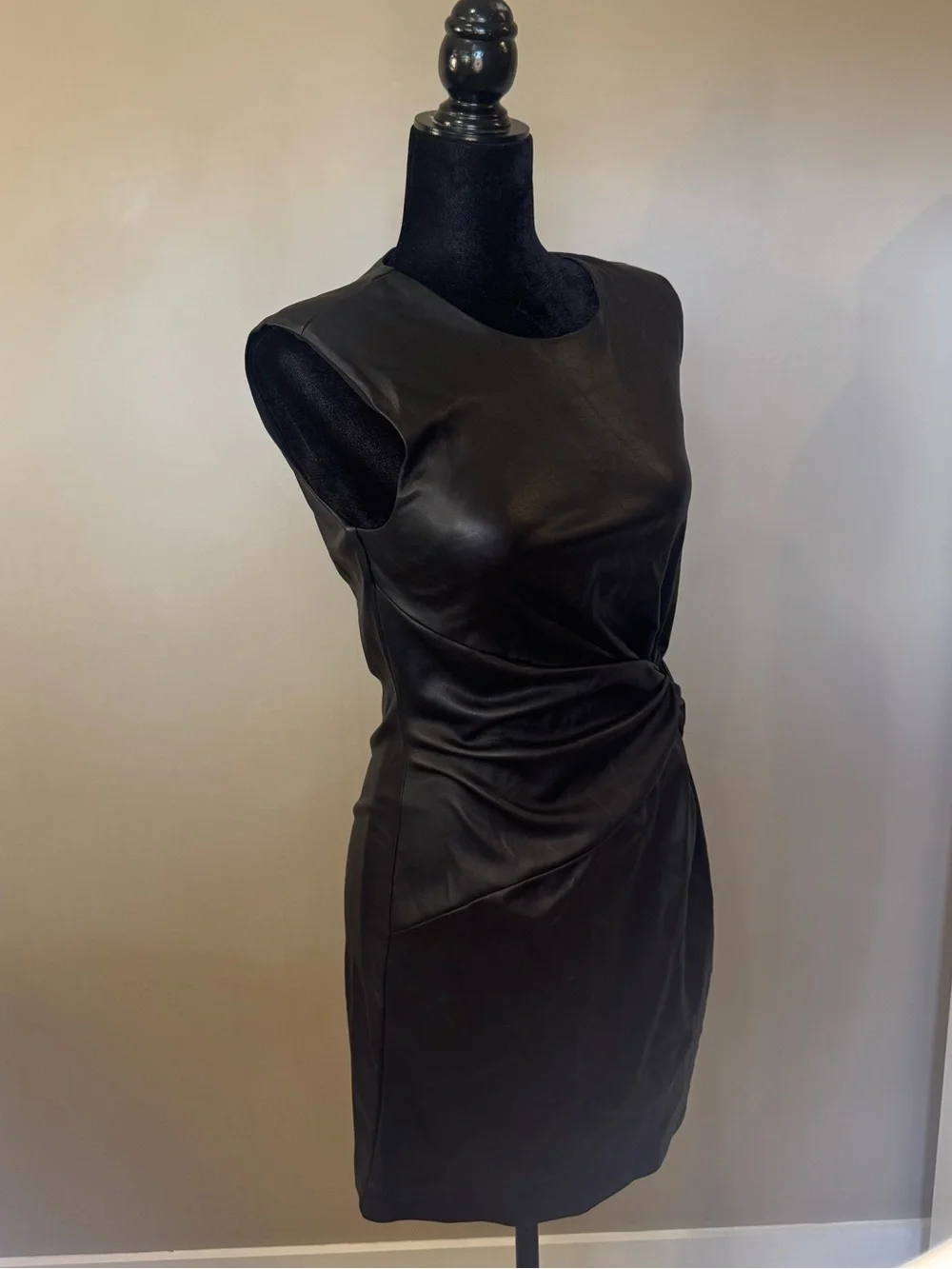 Dynamite Black Faux Leather Mini Dress Ruched Bodycon Sleeveless Size S - Picture 3 of 9